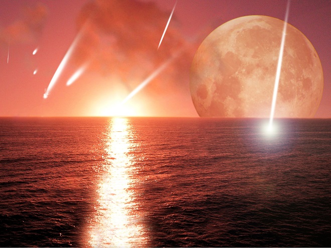 Astronomers have theorized that long-ago asteroid impacts delivered much of the water now filling Earth's oceans, as shown in this artist's conception