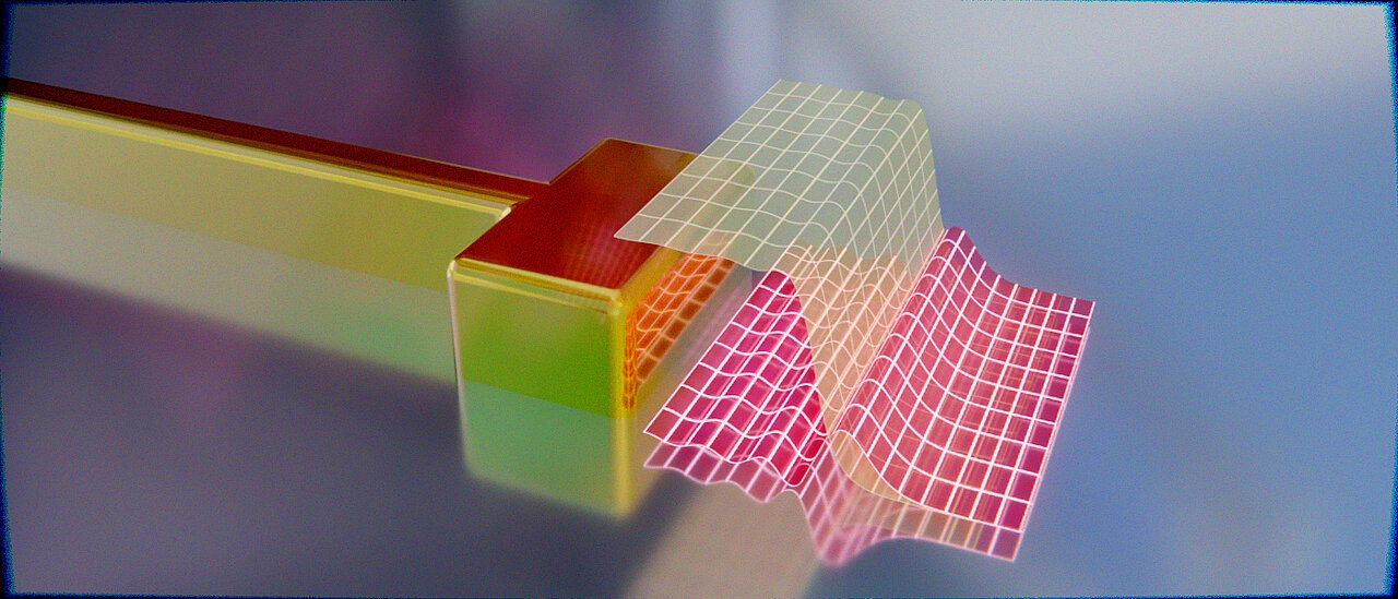 Artist's impression of an electrically contacted optical antenna and the quantum mechanical distribution of its surface electrons.