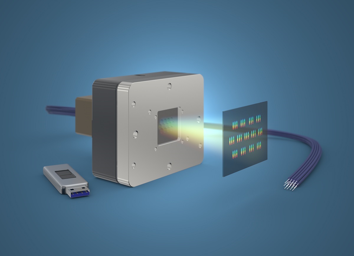 The fiber-coupled microspectrometer array maps 39 spectra onto a CMOS sensor.