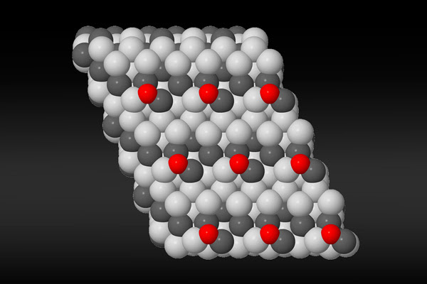 Artist's rendering of the nickel-gallium active site, which synthesizes hydrogen and carbon dioxide into methanol