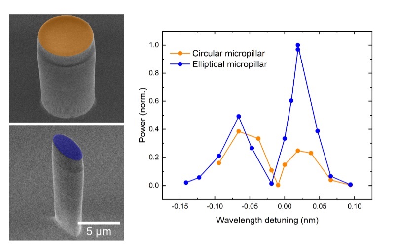 Left: SEM images of a circular and an elliptical micropillar. Right: Wavelength-dependent phonon signal on the two micropillars in the pump-probe experiment.