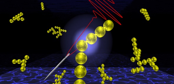 An efficient route to manufacturing nanomaterials with light through plasmon-induced laser-threading of gold nanoparticle strings