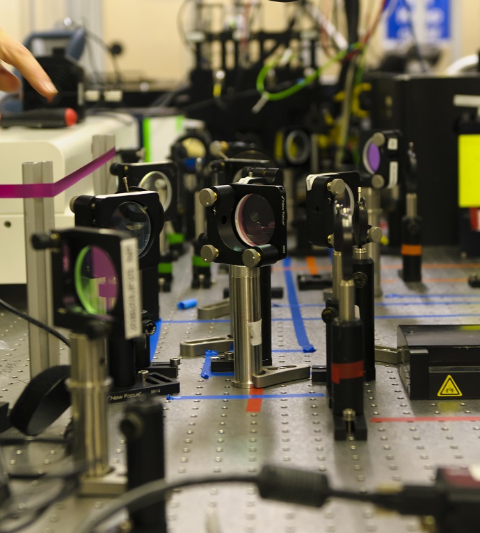 A section of the optical path setup used to direct the laser beams through the laboratory is shown