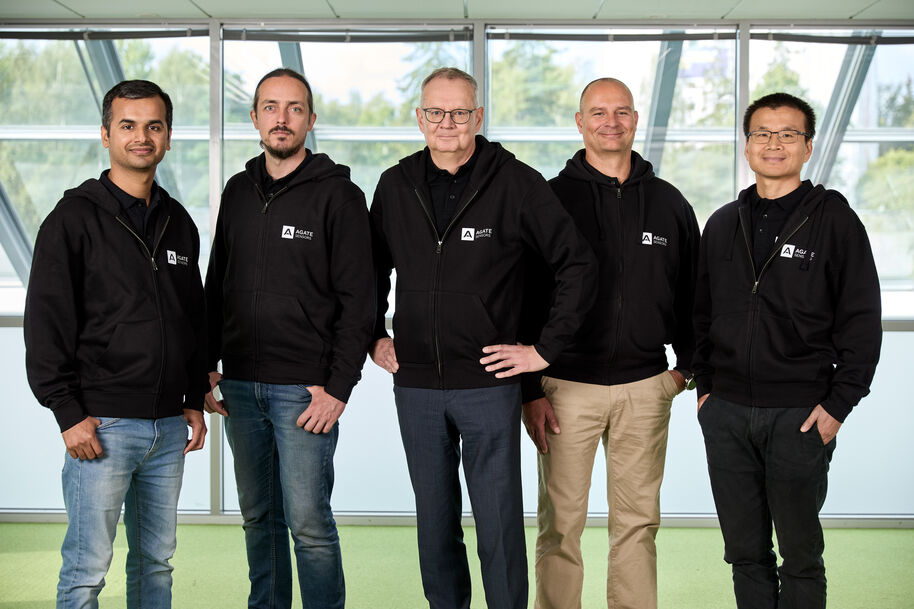 The company's founders: Chief Scientist Faisal Ahmed, CTO Andreas Liapis, CEO Tommi Leino, CBO Mikael Westerlund, and Professor Zhipei Sun. Photo: Agate Sensors
