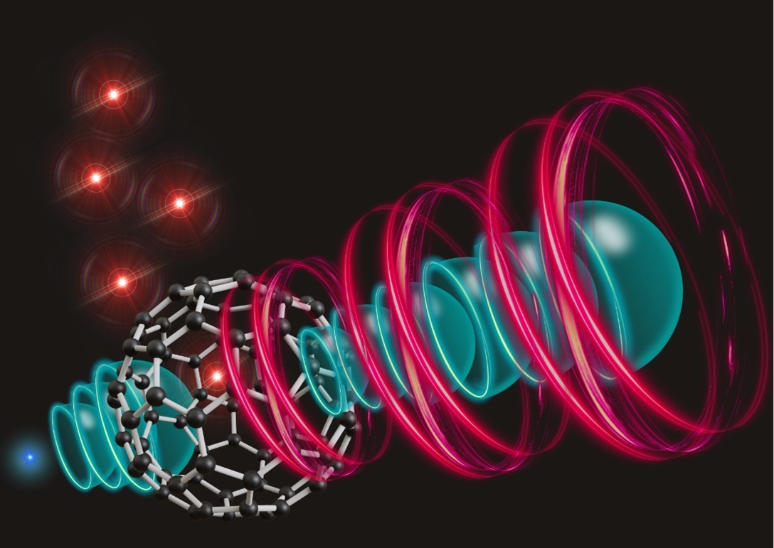 Fullerene switch. An artist’s rendering of a fullerene switch with incoming electron and incident red laser light pulses.