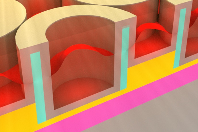 This rendering shows the metallic dielectric photonic crystal