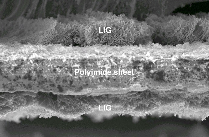 An electron microscope image shows the cross section of laser-induced graphene burned into both sides of a polyimide substrate
