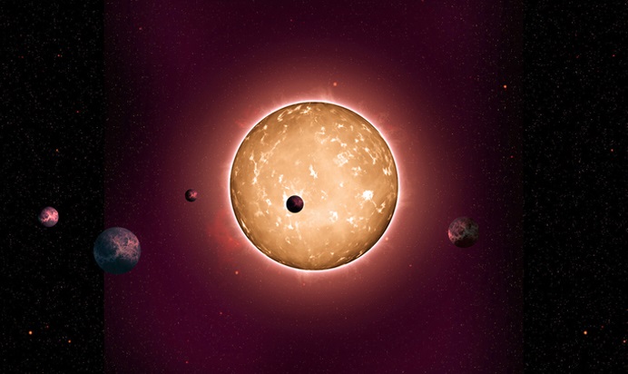 This image shows Kepler-444 and its five orbiting planets
