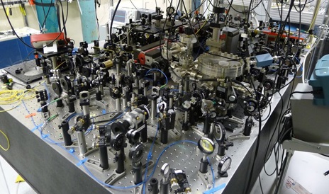 A photograph of the laser setup used in the Harris lab