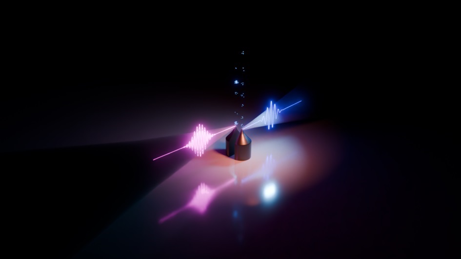 Artist’s impression of electrons that are emitted from a metal needle tip, triggered by a non-classical and a classical light source