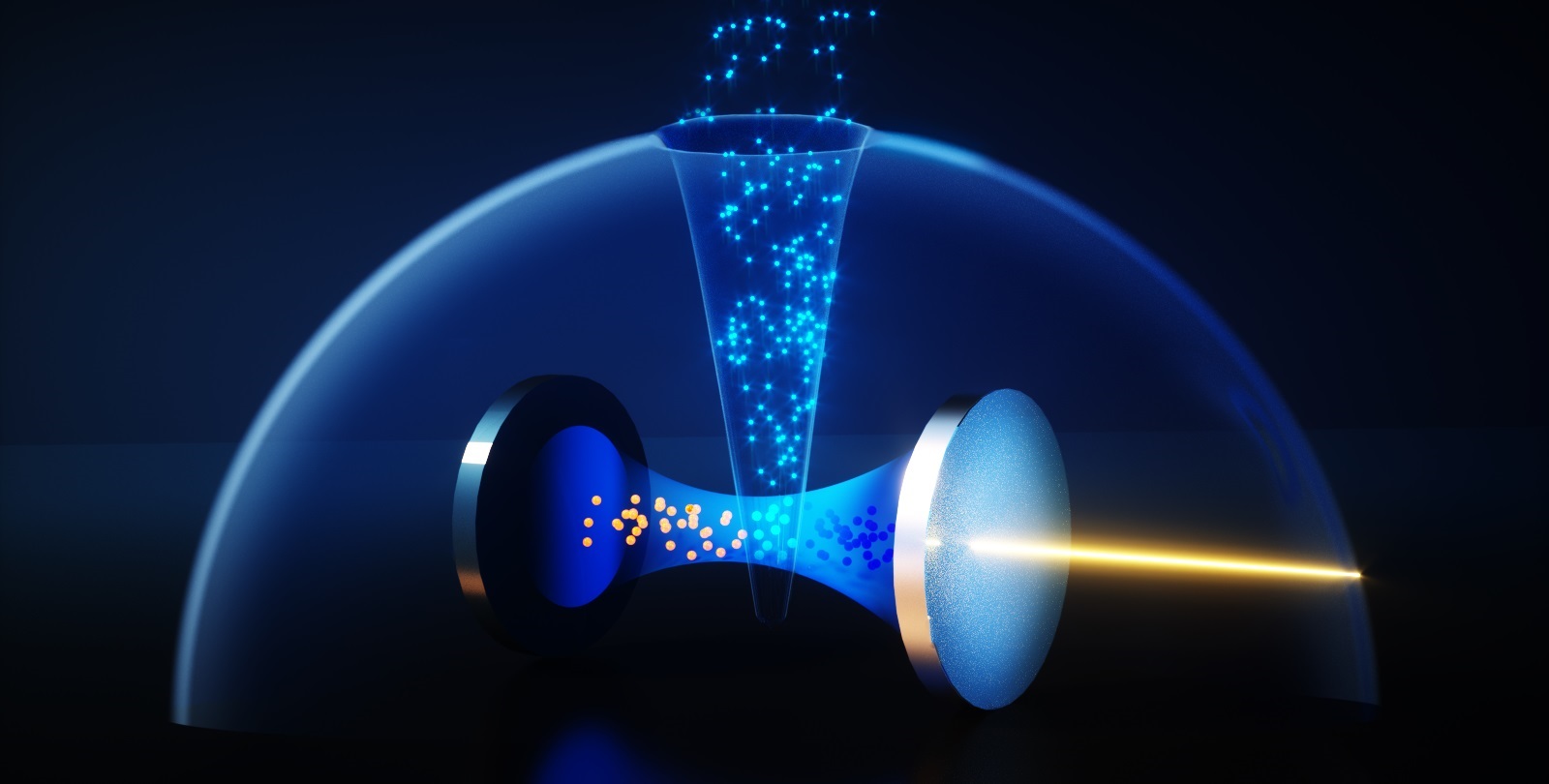 Artist's visualization of a laser striking atoms in an optical cavity.
