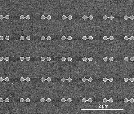 Linked pairs of nanodisks as seen with a scanning electron microscope