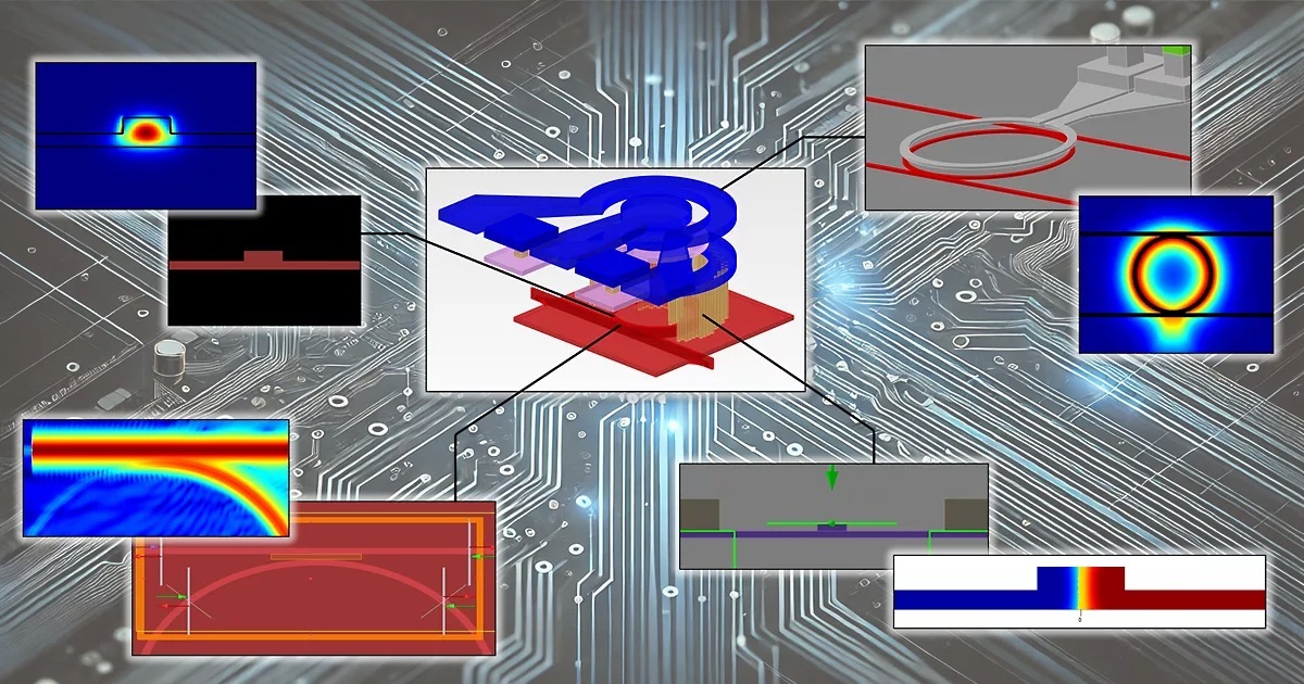 Central ring modulator in photonic integrated circuits, with surrounding images showing its components and simulation results from Lumerical solvers