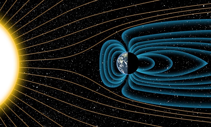 An artist’s depiction of Earth’s magnetic field deflecting high-energy protons from the sun four billion years ago