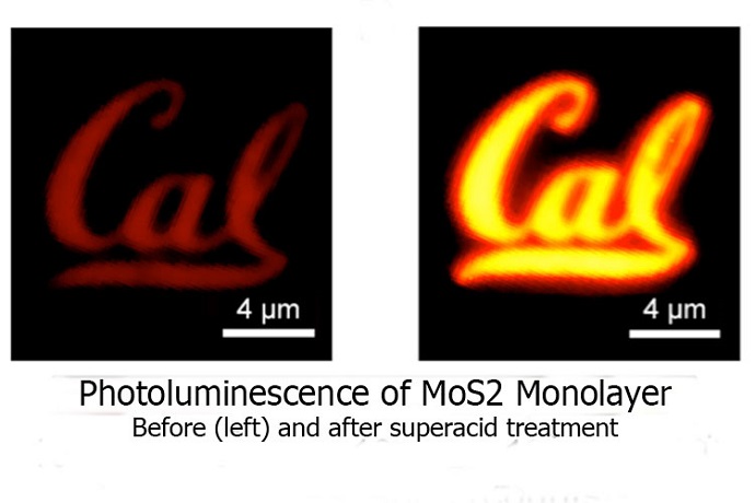 Shown is a MoS2 monolayer semiconductor shaped into a Cal logo