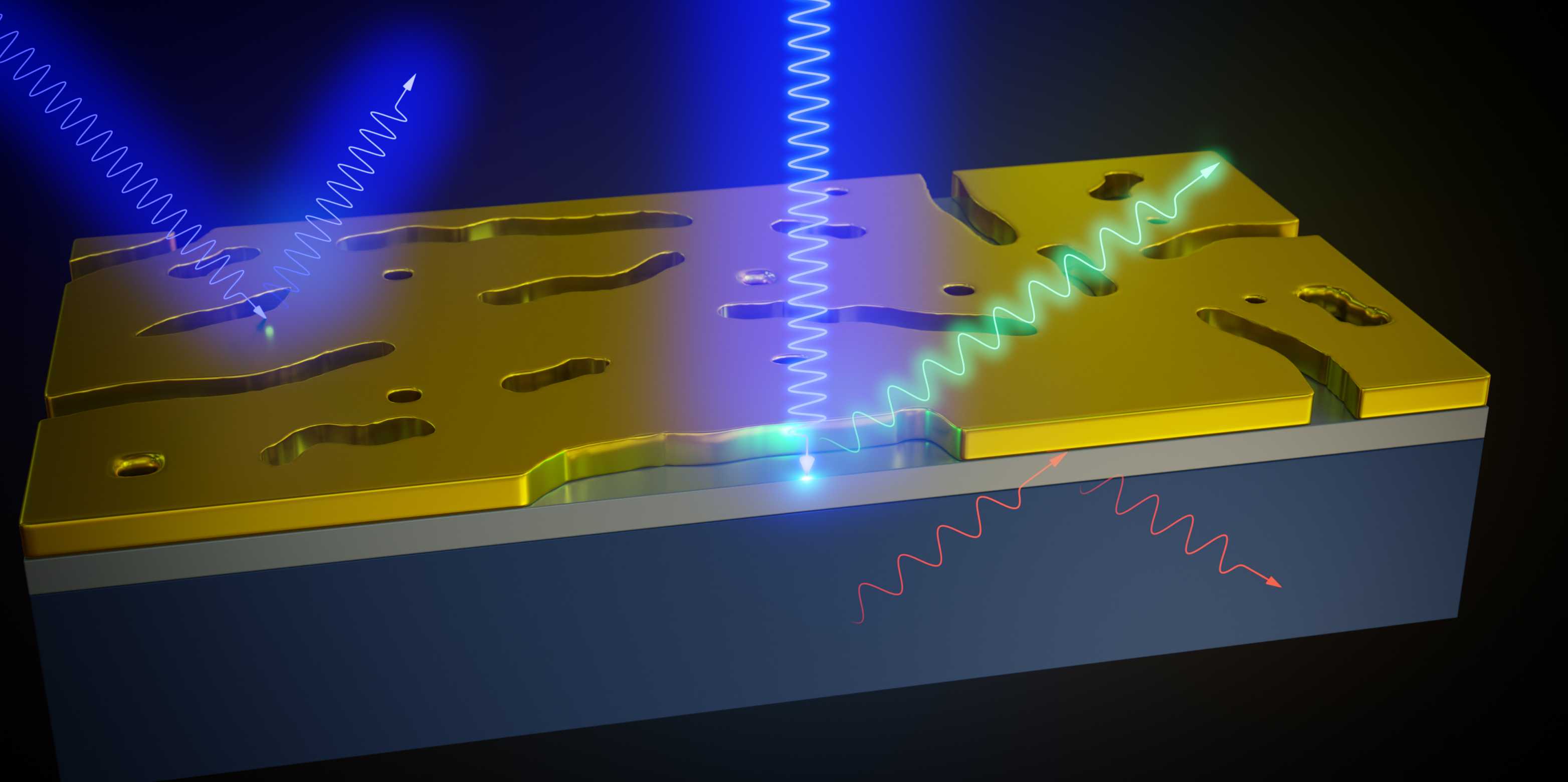 The pores in the gold membrane developed by ETH researchers amplify the laser beam in Raman spectroscopy, allowing it to penetrate only into the surface but not into the bulk of the material
