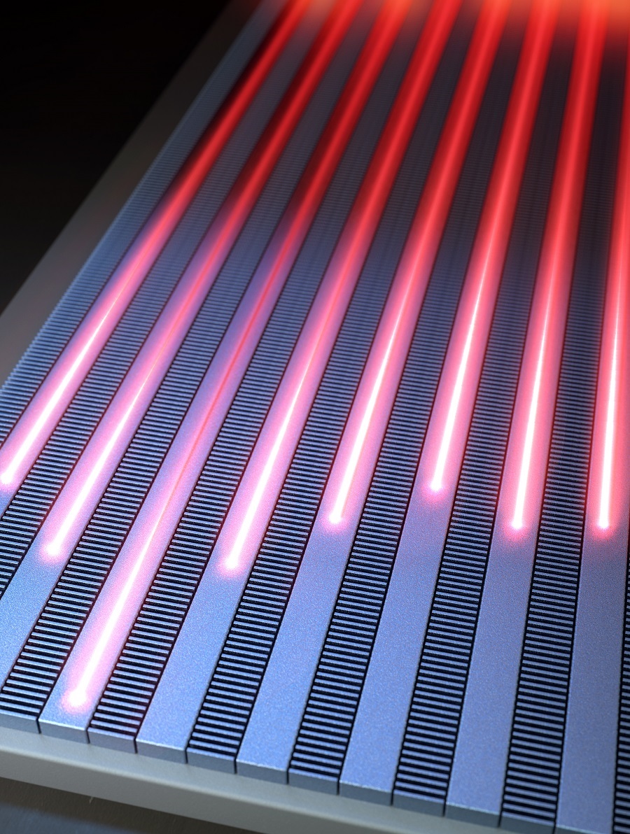 Illustration depicting light propagation without crosstalk in the waveguide array of the developed metamaterial-based optical semiconductor