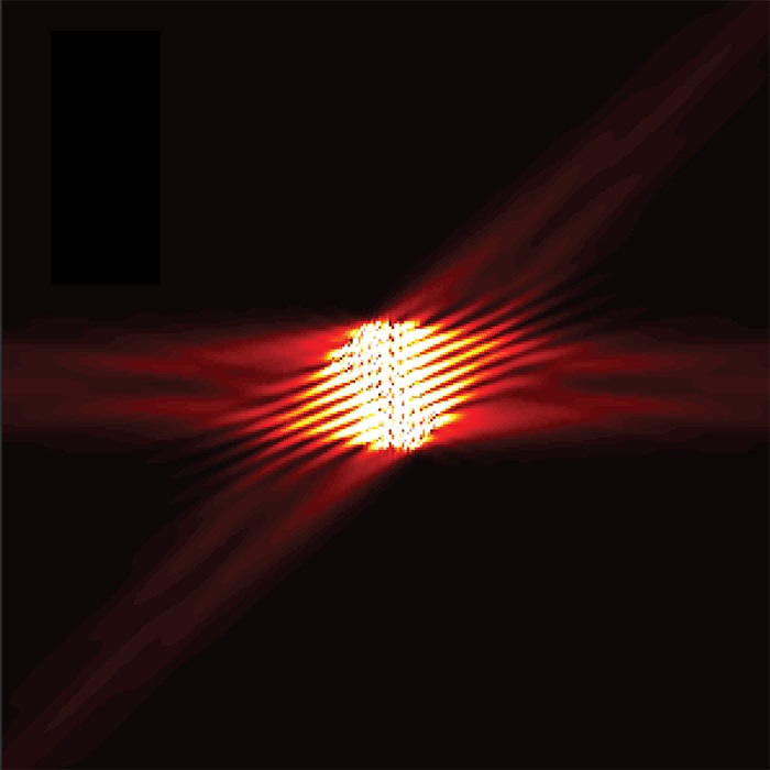 Light from an optical fiber illuminates the metasurface and is scattered in four different directions