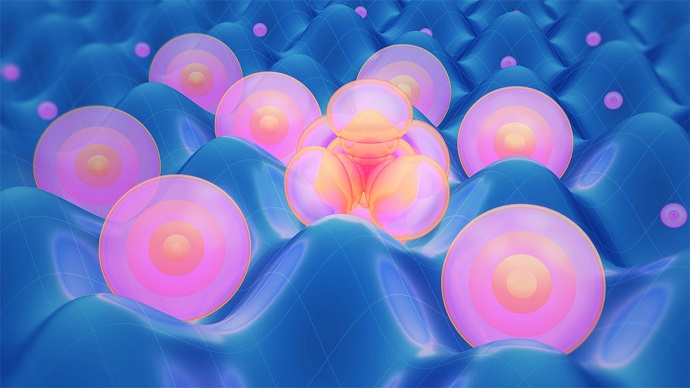 An artist's rendering of a contaminant Rydberg atom in a lattice of rubidium
