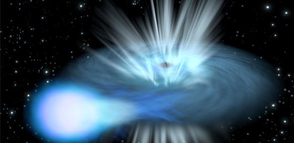 Artist’s impression depicting a compact object – either a black hole or a neutron star – feeding on gas from a companion star in a binary system