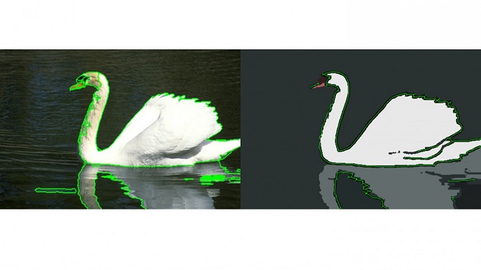 This image shows a conventional algorithm's segmentation output on the left, and the output from the new "consensus-based" technique on the right.