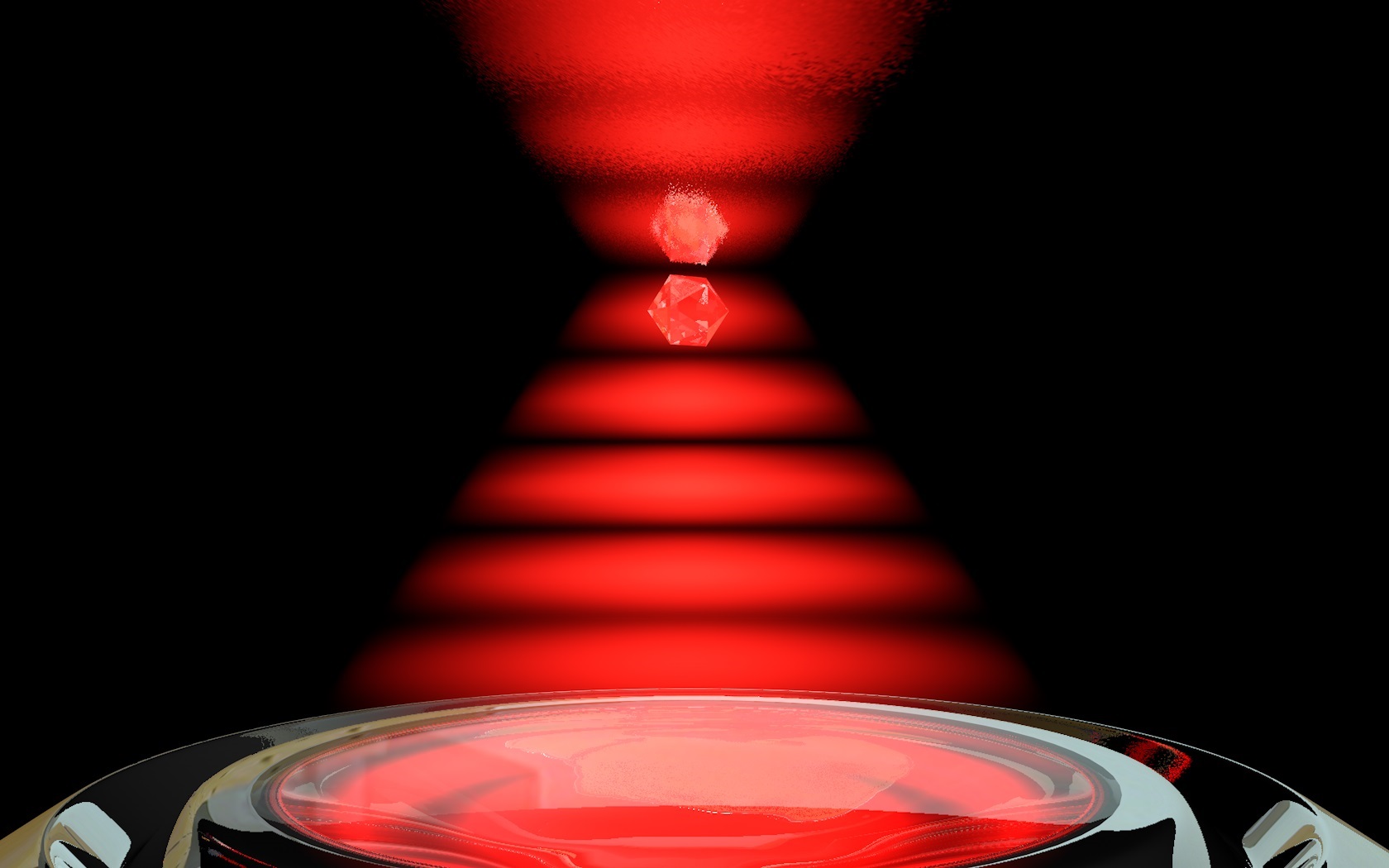 Artist’s impression of a nanodiamond trapped in a standing-wave optical trap near the surface of a silver mirror—both the ND and its mirror image are visible