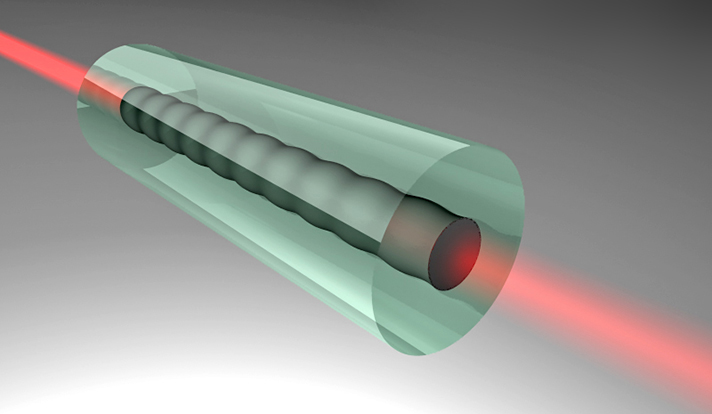 Laser light generates and probes sound waves in the core of a fiber optic waveguide