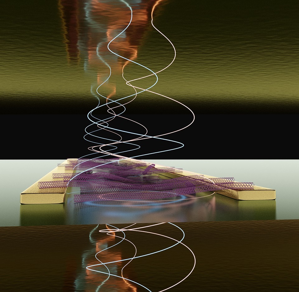 Artistic rendering of a light-emitting transistor with carbon nanotubes between two mirrors for electrical generation of polaritons.