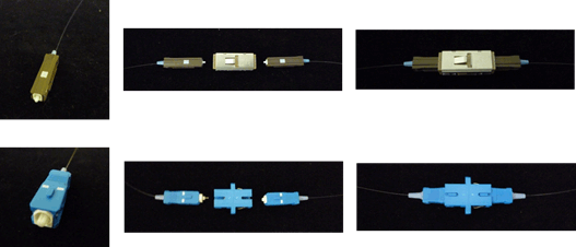 Overview photos and optical connection image of MU-type (top) and SC-type (bottom) optical connectors.