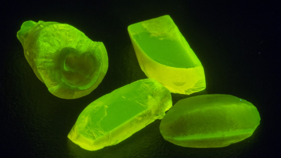 Fluorescence from a rare earth crystal when viewed under UV light