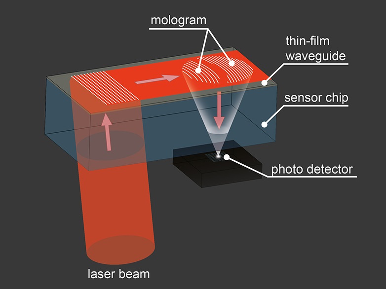 Laser light propagates in a thin-film waveguide and – if the molecules under examination bind to the mologram – it is deflected there and focused onto a focal point