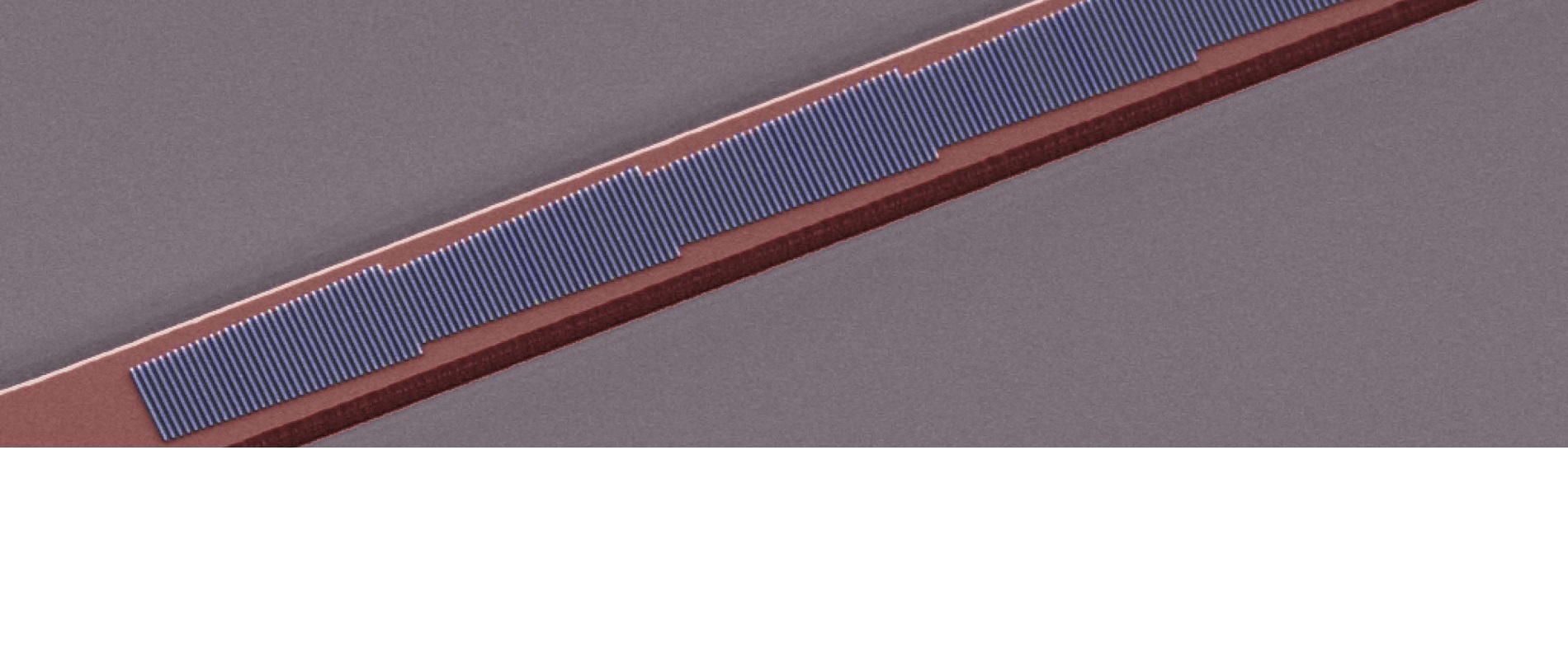 Image of a fabricated device showing four phased antenna arrays consisting of silicon nano-rods of different lengths patterned on the top surface of a LiNbO3 waveguide