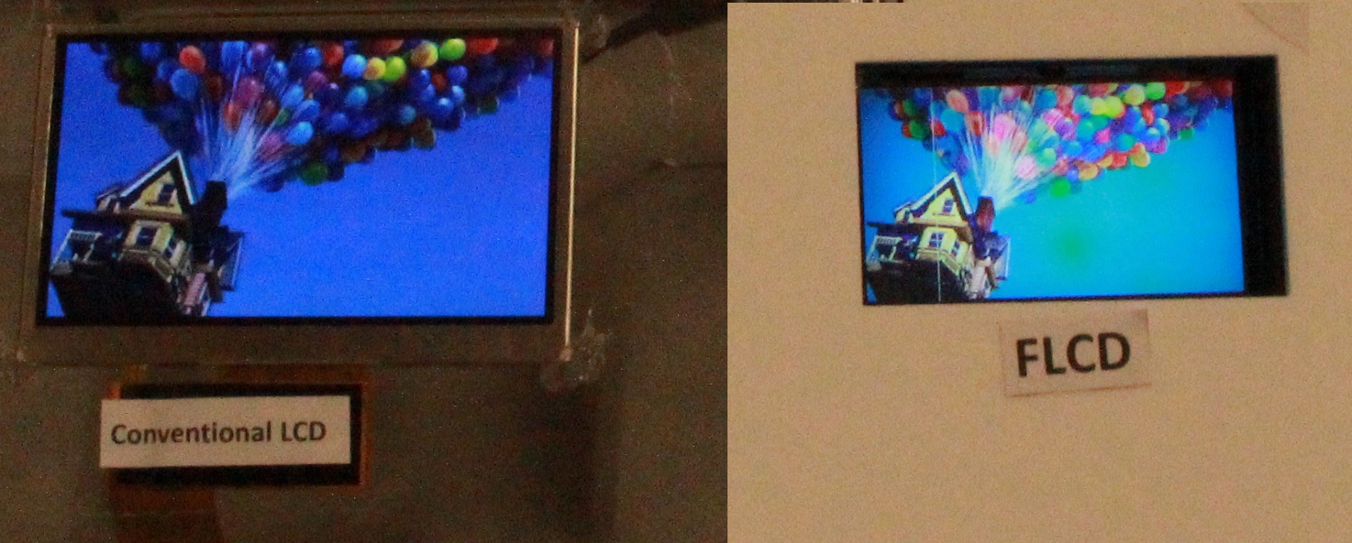 HKUST’s FLCD (right) outperforms traditional LCDs (left) in both image resolution and color saturation