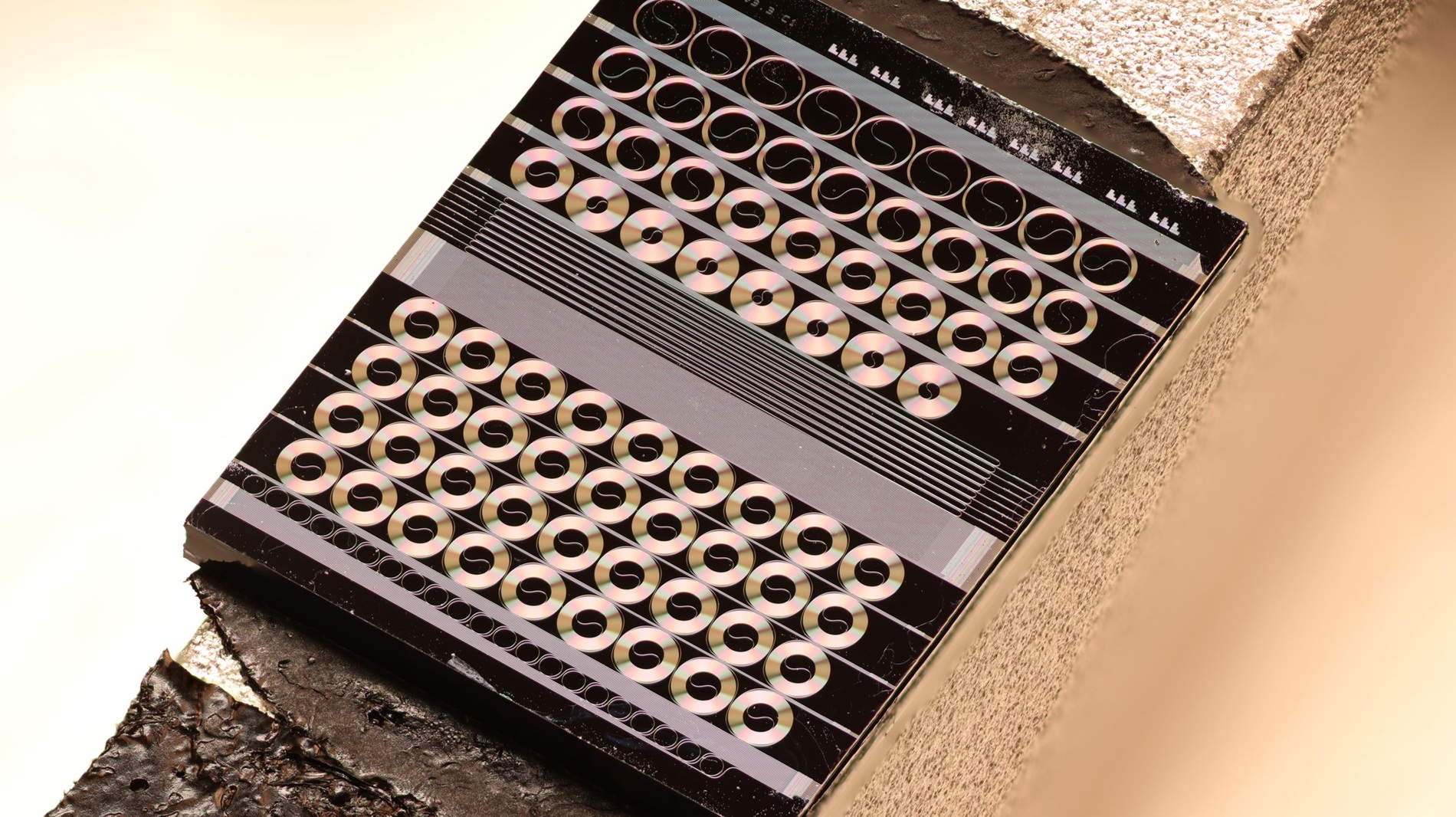 A focus-stacked macro photograph of a fabricated gallium phosphide photonic chip featuring multiple spiral waveguides and other test structures.