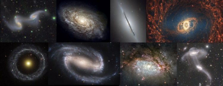 Images of galaxies of a variety of shapes and sizes.