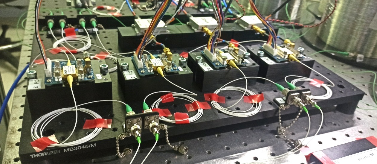 The weighting stage of the optoelectronic dendritic unit, employing one optical dendritic path with constant value weighting and three optical dendritic paths with plastic weighting.