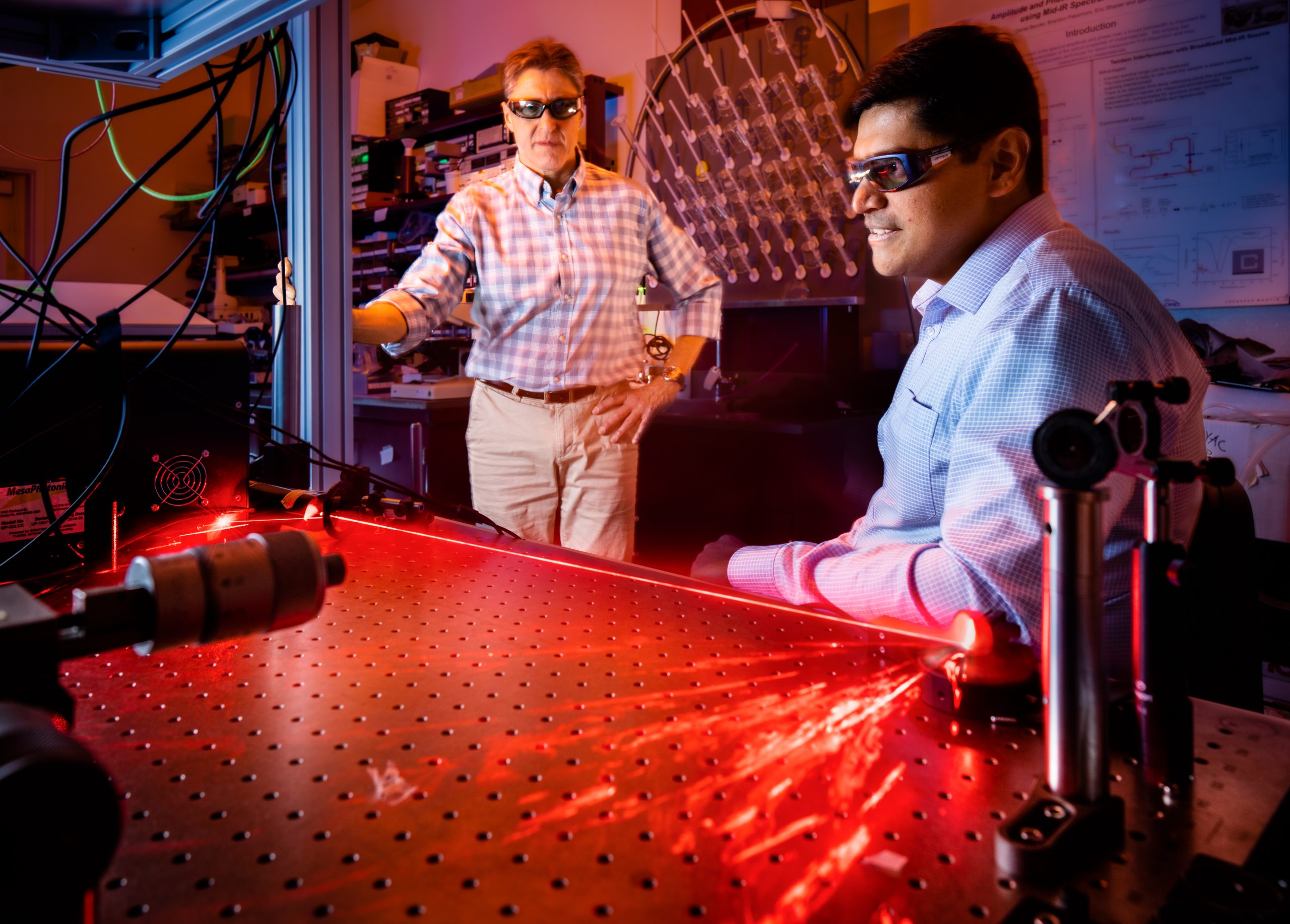 As a red beam of light is reflected in an arch, Prasad Iyer, right, and Igal Brener demonstrate optical hardware used for beam steering experiments at Sandia National Laboratories’ Center for Integrated Nanotechnologies