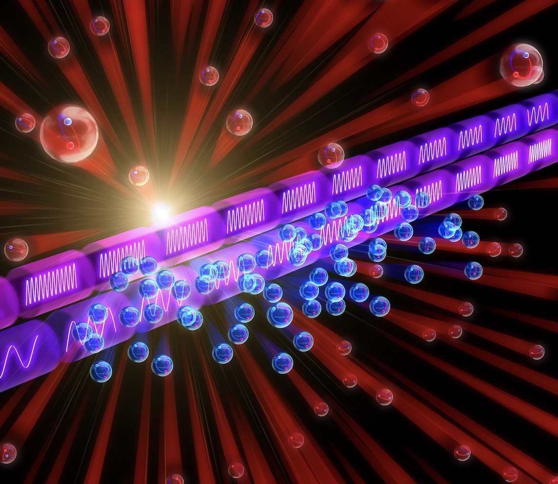 Positronium. Artist's impression of positronium being instantaneously cooled in a vacuum by a series of laser pulses with rapidly varying wavelengths