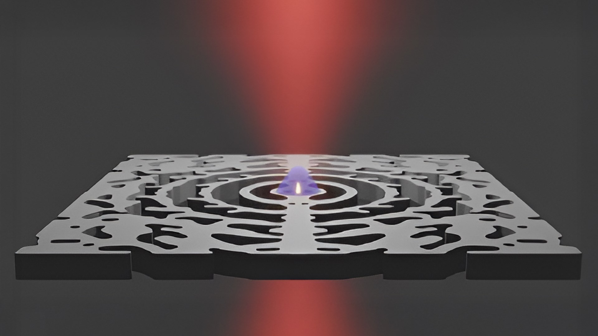 DTU researchers have invented a nanolaser constructed in a semiconductor membrane that causes electrons and light to gather in a small area (blue shadow). By using light instead of electrical signals on microchips, data speed can be increased and energy loss reduced.