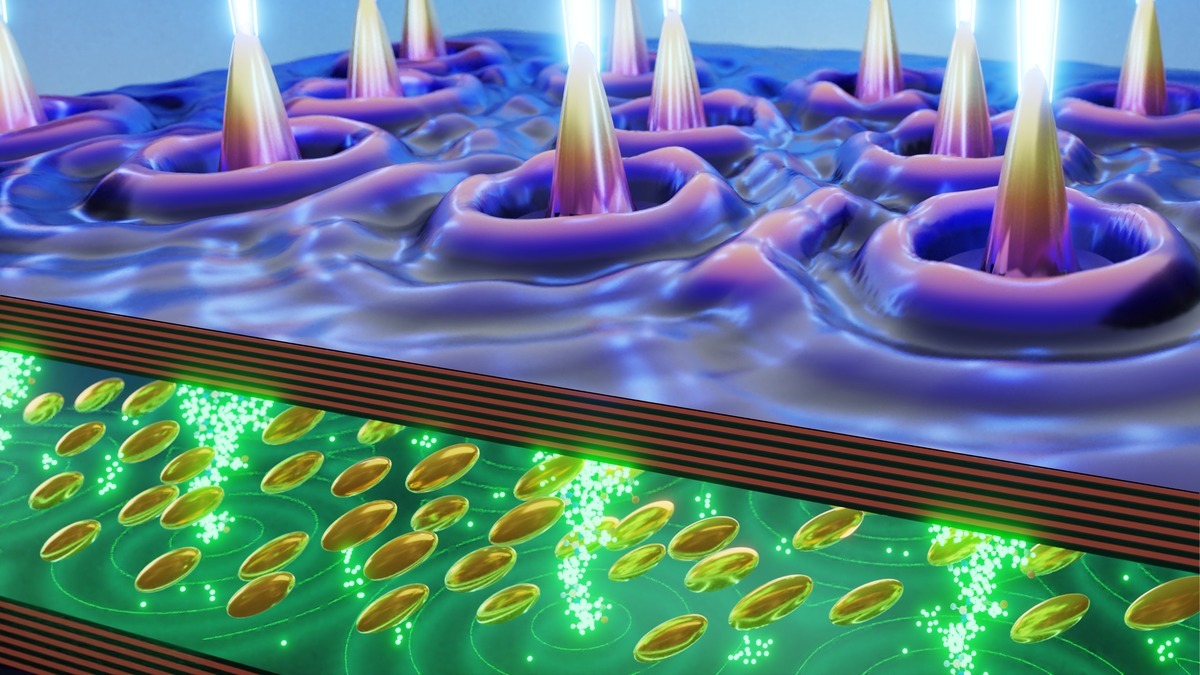 Several spatially separated laser spots spontaneously synchronize and emit as a single coherent supermode in a liquid-crystal microcavity.