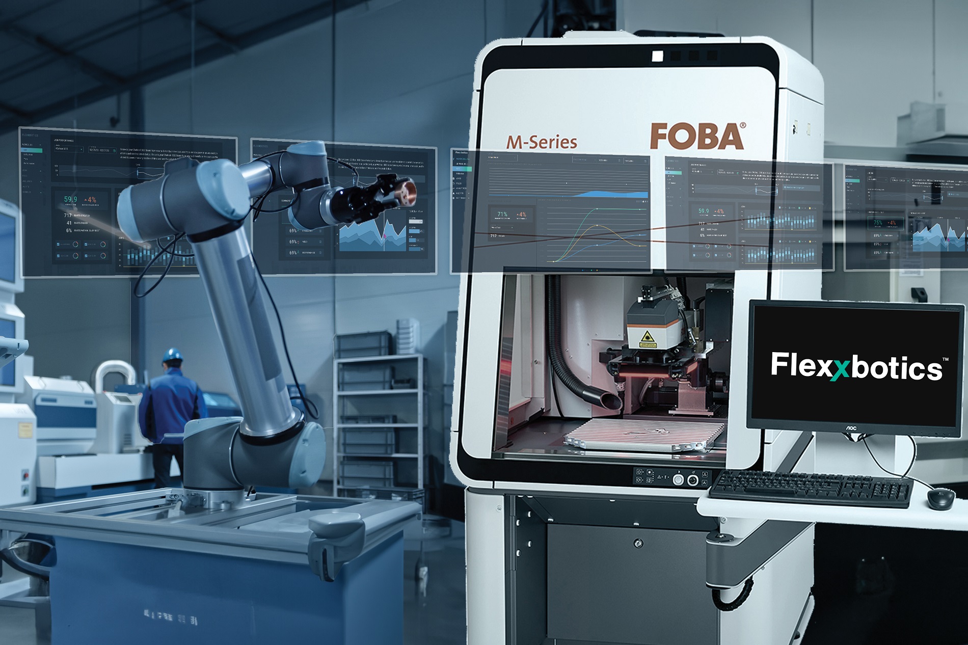 Laser marking workstation FOBA M2000 with advanced robotic machine.