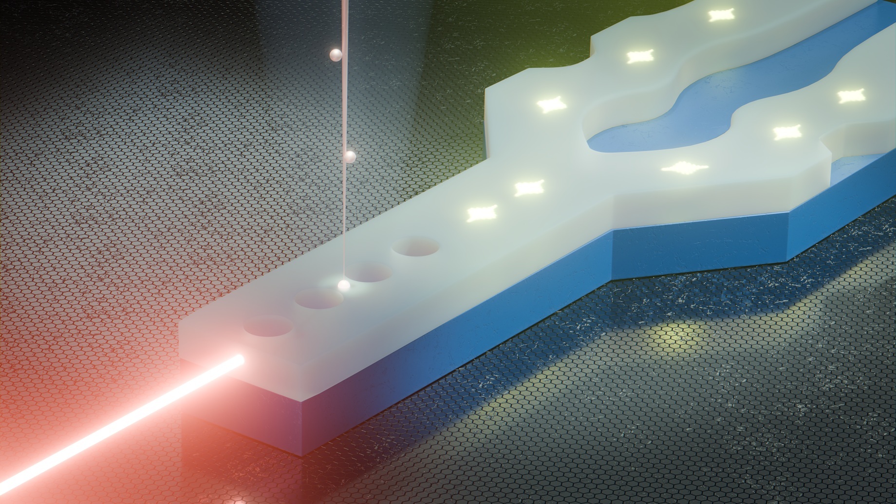 Artistic depiction of a single erbium ion being implanted into a silicon-based optical nanocavity.