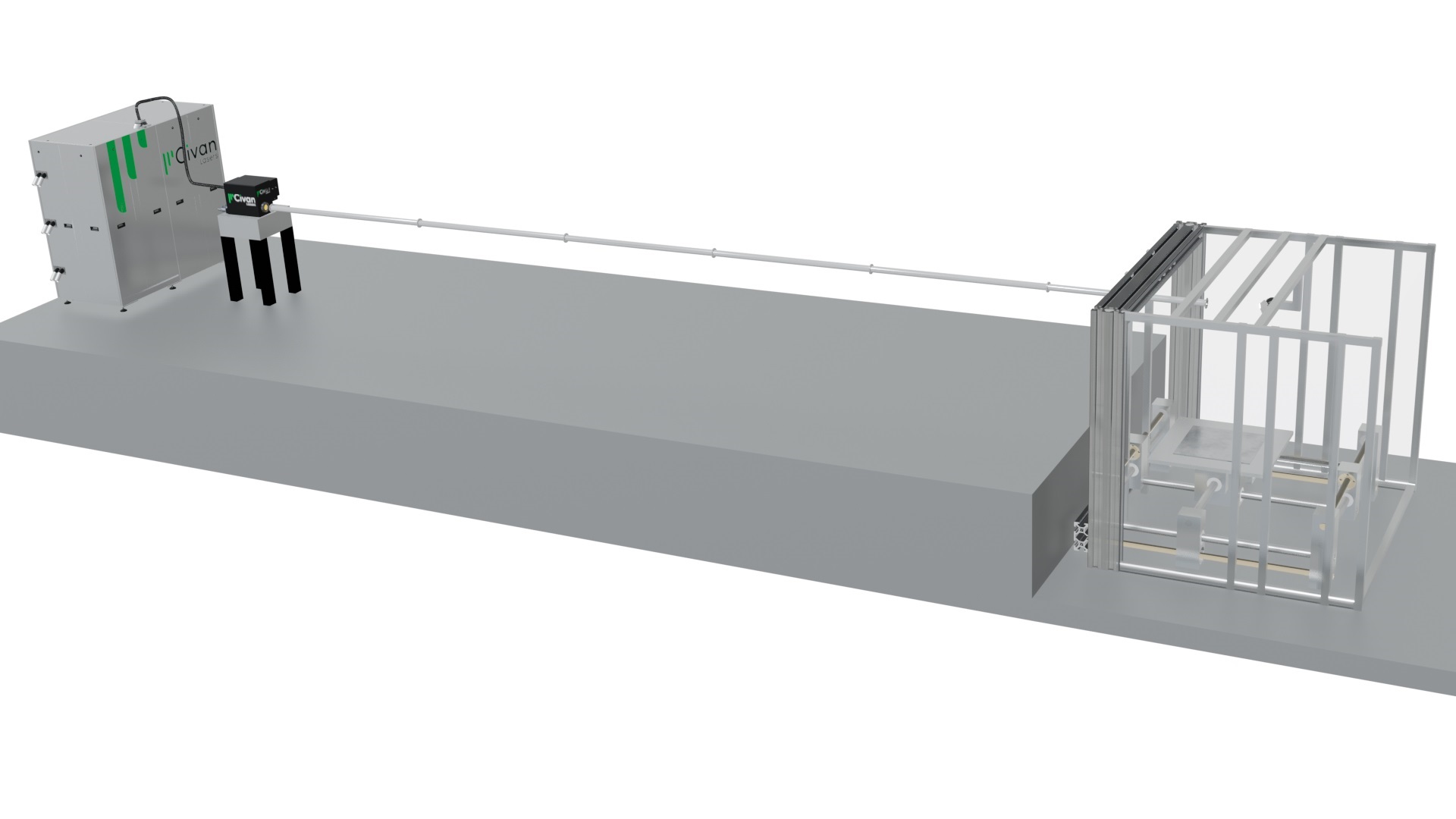 Illustration of Civan Lasers' remote cutting demonstration setup, utilizing a 120kW Dynamic Beam Laser. The laser beam was safely propagated through a hose and redirected with a mirror inside a closed chamber to cut a 100mm thick steel section from a distance