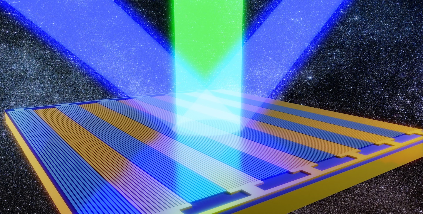 An incident laser beam hits Caltech's new space-time metasurface and gets modulated by tunable, nanostructured antennas, creating steerable beams of light at different frequencies that could be used as optical channels for transmitting data on Earth or in space.