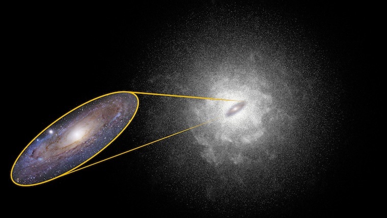 The stellar halo is illustrated here with exaggerated brightness and density to show how far it extends.