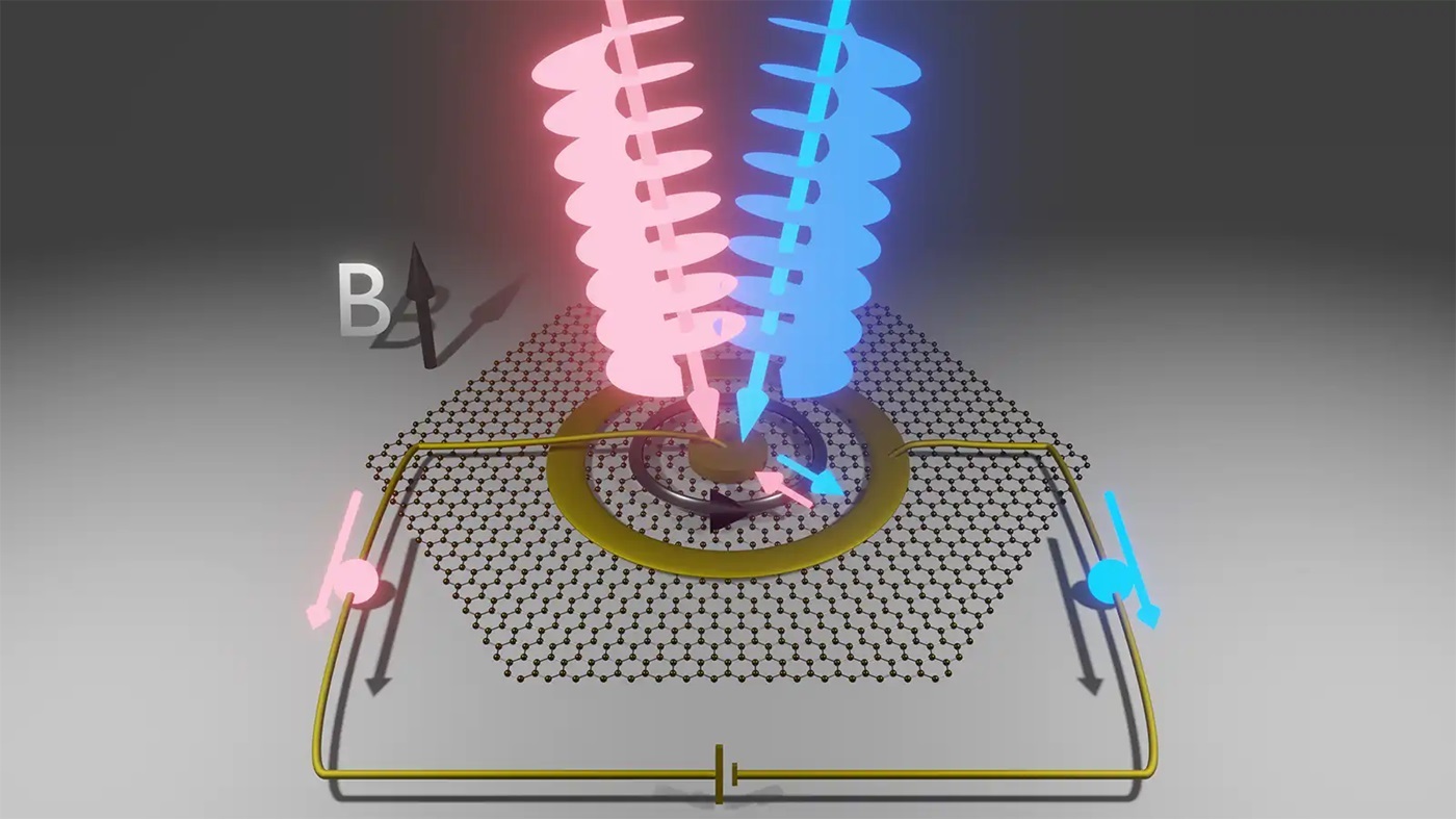 In a new experiment, light beams carrying orbital angular momentum caused electrons in graphene to gain and lose angular momentum, transporting them across the sample and generating a current that researchers measured.