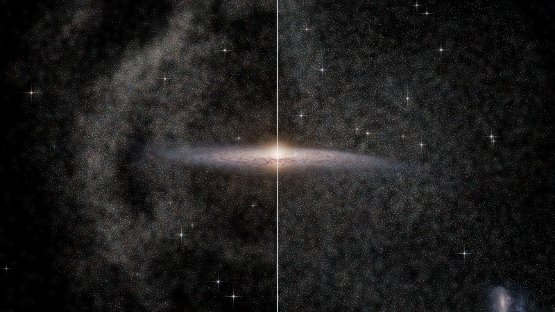 On the left the halo appears messy and wrinkly, a sign that a merger has occurred relatively recently. On the right it appears smooth and uniform, a sign that a merger has instead occurred in the ancient past.