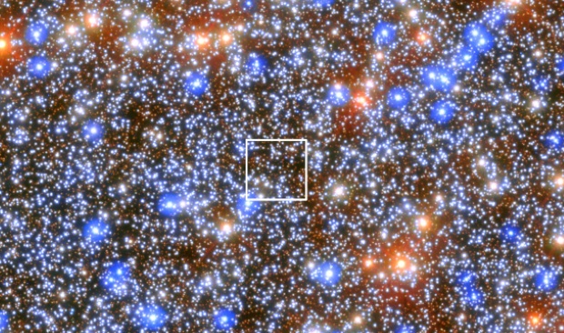 A new coloured ESA/Hubble image of Omega Centauri showing location of black hole.