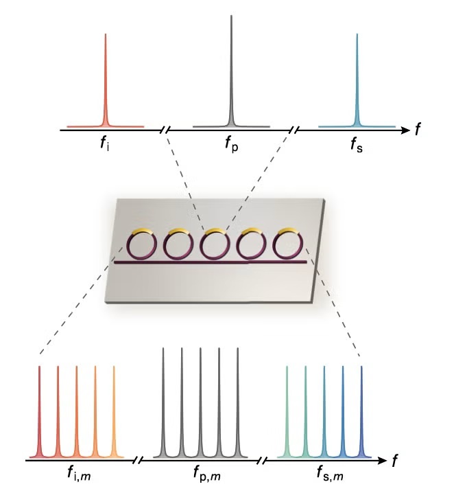 The schematics of the multiplexed microresonator array and their groups of dense frequency modes