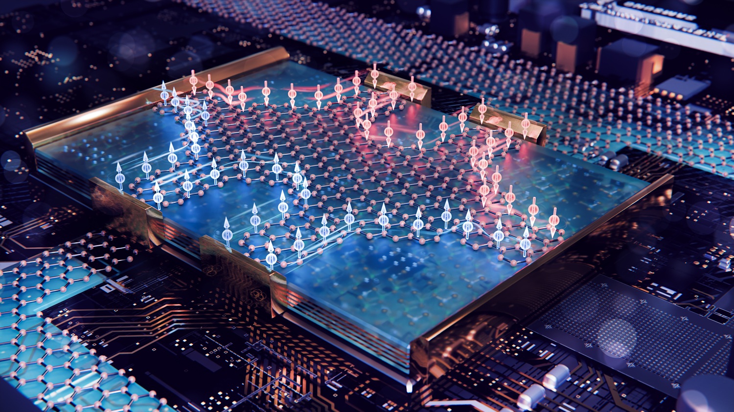 Artist’s impression of the quantum spin Hall effect in a graphene-based spintronic device, integrated in a chip